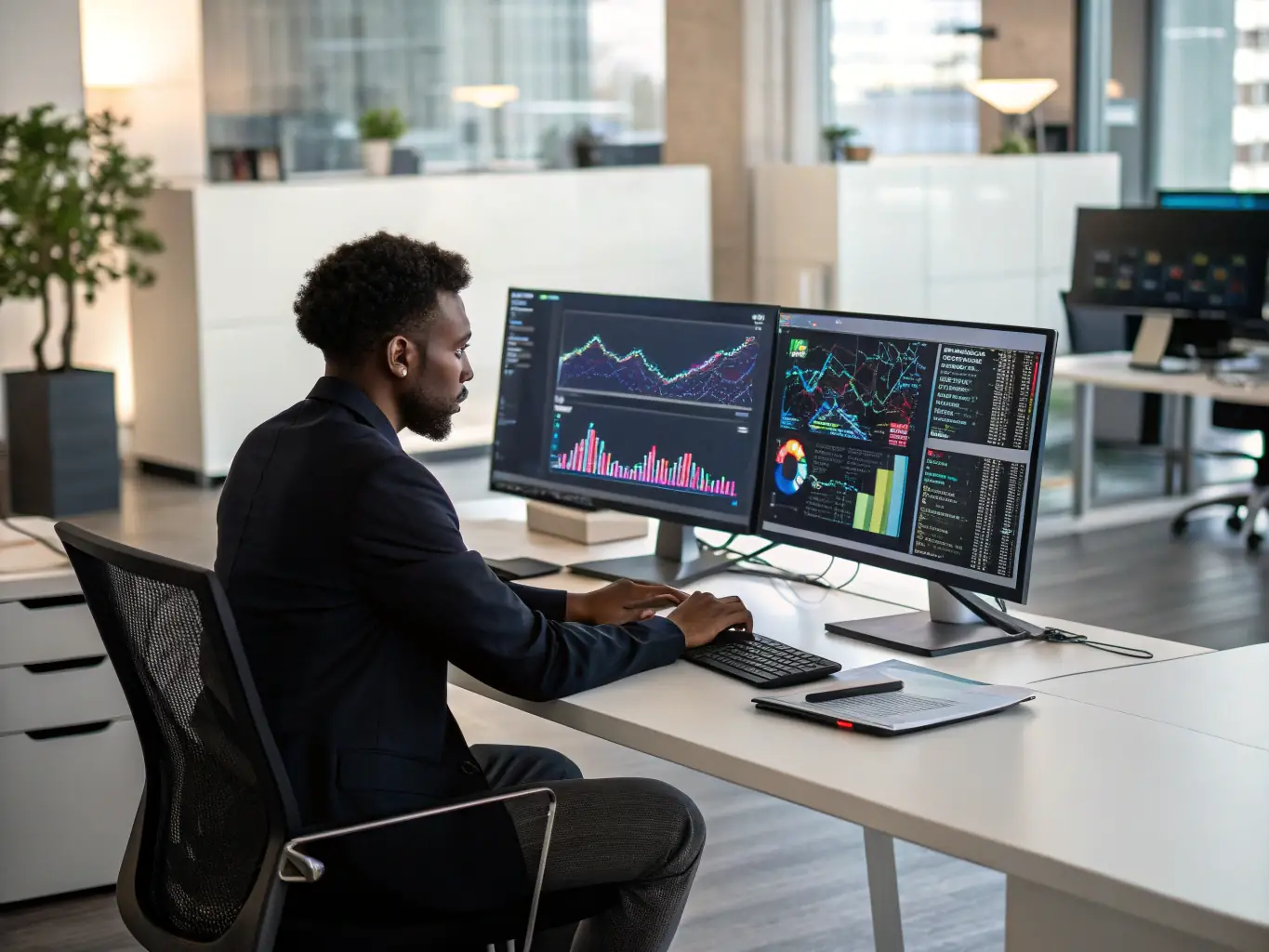A data analyst working on a complex data set, using advanced statistical software to identify patterns and insights, with charts and graphs displayed on multiple monitors.