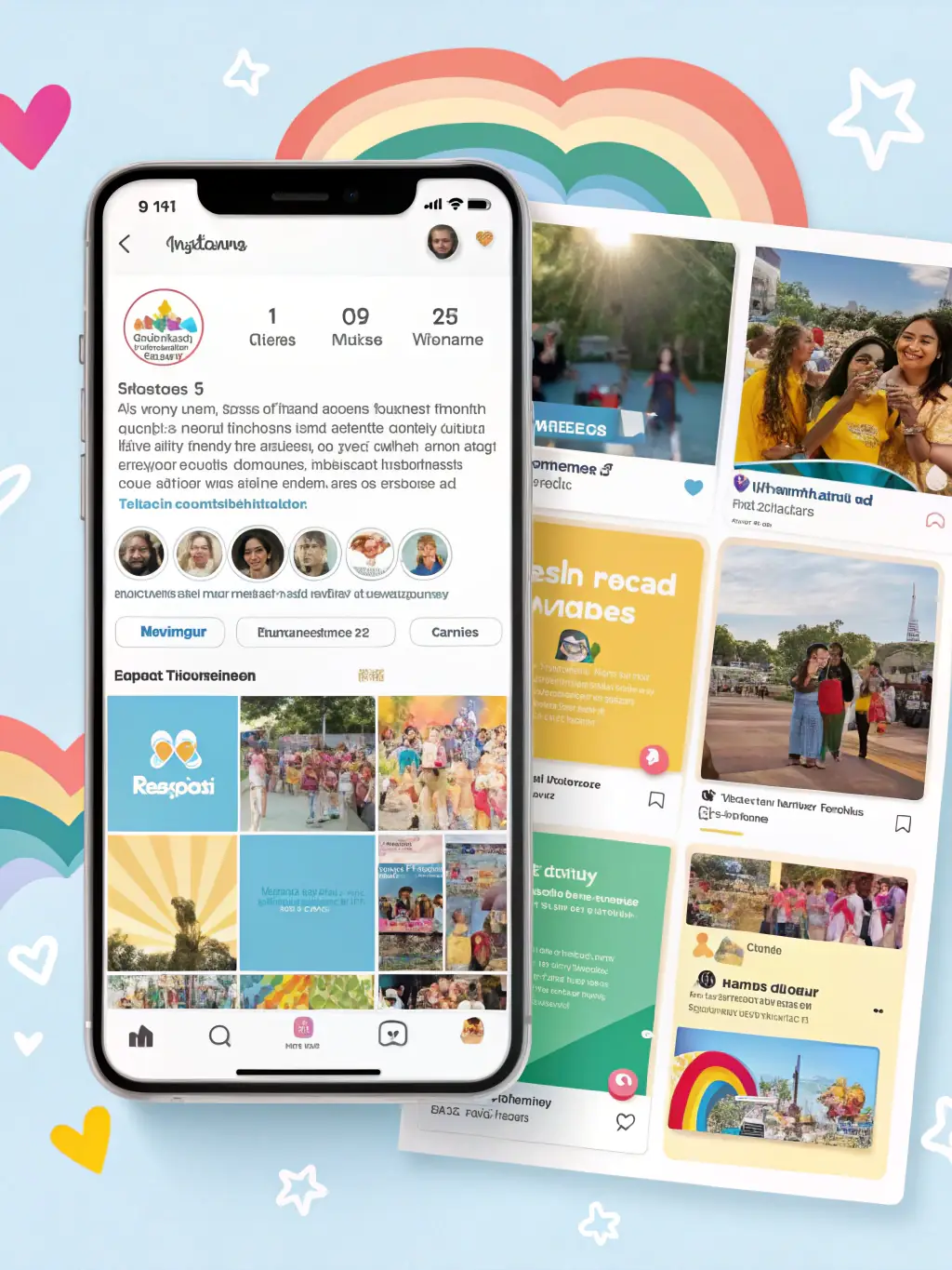 A vibrant social media feed displaying engaging content created by AIIntelliAgency, including posts, stories, and ads, showcasing successful campaigns and high engagement rates.