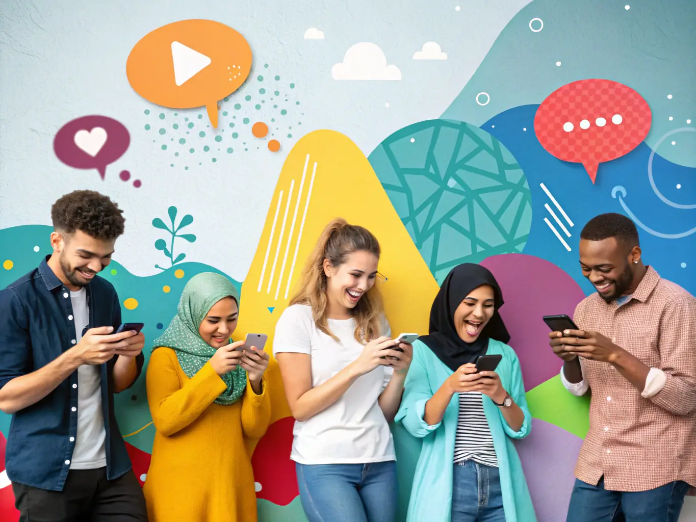 A vibrant image showcasing a diverse group of people interacting with various social media interfaces on their devices, with subtle AI icons overlaid to represent the technology's influence.